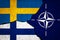Sweden and Finland with NATO. Defence and military conflict with Russia. Flags painted on concrete wall with crack