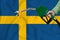 SWEDEN flag Close-up shot on waving background texture with Fuel pump nozzle in hand. The concept of design solutions. 3d