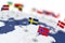 Sweden flag in the focus. Europe map with countries flags