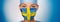 Sweden flag print on swedish Asian nurse or doctor woman happy face portrait on blue background panoramic banner. COVID