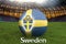 Sweden football team ball on big stadium background with Sweden Team logo competition concept. Sweden flag on ball team tournament