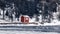 Sweden house in the wintertime. Nature on the shore of the fjord