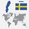 Sweden map on a world map with flag and map pointer. Vector illustration