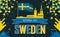 Sweden National Day banner with geometric retro icons and Swedish flag colors. Landmarks of stockholm in dark background.