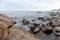 Sweden rocky sea side. Northern epic mystic cloudy grey landscape