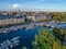 Sweden Stockholm Aerial view of Strandvagen boulevard and Ostermalm district on a sunny day sunset