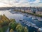 Sweden Stockholm Aerial view of Strandvagen boulevard and Ostermalm district on a sunny day sunset