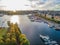 Sweden Stockholm Aerial view of Strandvagen boulevard and Ostermalm district on a sunny day sunset