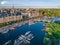 Sweden Stockholm Aerial view of Strandvagen boulevard and Ostermalm district on a sunny day sunset