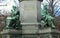 Sweden, Stockholm, Humlegarden, statue of Carl von Linne, figures that represented botany, medicine, chemistry and zoology
