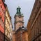 Sweden, Stockholm, on an old street in Gamlastan. The ancient part of the city. The bell tower of the church of St