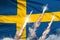 Sweden supersonic missile launch - modern strategic nuclear rocket weapons concept on flag fabric background, military industrial