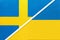 Sweden and Ukraine, symbol of national flags from textile. Championship between two European countries