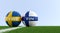 Sweden vs. Finland Soccer Match - Soccer balls in Sweden and Finlands national colors on a soccer field.