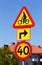 Swedish bicycle crossing warning sign and speed limit 40.