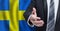 Swedish business, politics, cooperation and travel concept. Hand on flag of Sweden background