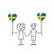 swedish children, love Sweden sketch, girl and boy with a heart shaped balloons, black line vector illustration