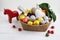 Swedish Christmas gift basket with sweets, fruits, and champagne