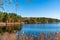 Swedish coast in autumn. Beautiful Autumn in Scandinavia. Colorful panoramic view of the shores of the Baltic sea bay with golden