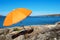 Swedish Coast With Blue Sea And Orange Parasol