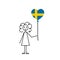 swedish girl, love Sweden sketch, a girl with a heart shaped balloon, black line vector illustration