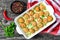 Swedish homemade meatballs smothered in a creamy gravy sauce, cl