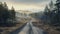 Swedish landscape in the early morning light of spring. Gravel road winds through evergreen forest, sunlight casting long shadows.