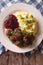 Swedish meatballs kottbullar with a side dish mashed potato closeup. Vertical top view