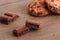 Sweeet life. Cookies and chocolate cubes on table close-up