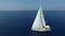 Sweeping aerial shot of large sailboat off beautiful coastline