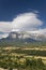 Sweeping hilltop views of Cinca and Ara Rivers from Ainsa, Huesca, Spain in Pyrenees Mountains, an old walled town near Parque Nat