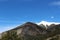 Sweeping landscape view of the summit of Mount Princeton, peaks covered in snow, in May in Nathrop, Colorado