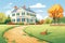 a sweeping lawn leading to a colonial revival house with a gambrel roof, magazine style illustration