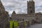 A sweeping view of Clare Abbey a Augustinian monastery just outside Ennis, County Clare, Ireland that sits alongside the Fergus