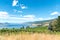 Sweeping view of vineyards, lake, mountains, blue sky in summer