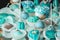 Sweet almond colorful tiffany colored blue macaron or macaroon dessert cake. French sweet cookie. Minimal food bakery concept