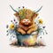 Sweet Baby Highland Cow Surrounded by Spring Flowers in a Cute Pot: A Perfect Decorative Addition AI Generated