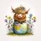 Sweet Baby Highland Cow Surrounded by Spring Flowers and Easter Egg Delights AI Generated