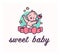 Sweet baby logo with little happy baby girl smiling sit and hold rattle with big bow in front her isolated.