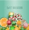 Sweet background with lollipop, ice cream, orange and candies