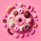 Sweet baked donuts with decoration on a pink background. Generative AI, generative artificial intelligence