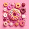 Sweet baked donuts with decoration on a pink background. Generative AI, generative artificial intelligence