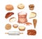 Sweet bakery of wheat flour product. Cookie, cake, cupcake, buns, pancakes, croissant and marble rolling pin. Watercolor