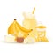 Sweet banana smoothie and milkshake illustration isolated on white background. Jar with banana smoothie, bananas cream
