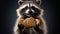 Sweet Bandit. Joyful Raccoon holding decorative cookies. On dark background. Cute funny animal. Perfect for illustrating
