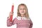 Sweet beautiful female child 6 to 8 years old holding huge red pen school supplies concept