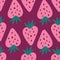Sweet berries backdrop. Pink strawberries wallpaper. Doodle strawberry seamless pattern on stripes background