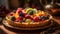 Sweet berry tart on wooden plate, homemade generated by AI