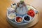 Sweet bingsu korean desert with fruits, melon, strawberries, blueberries, watermelon, icecream