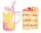 Sweet biscuit cake with fresh fruits and refreshing lemonade
